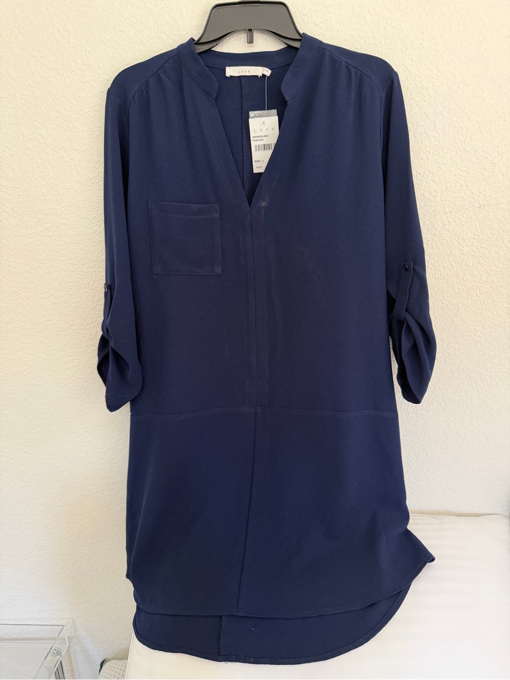Lush Navy Long-Sleeve Split-Neck Tunic Dress L